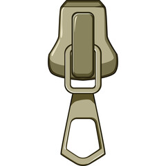 Close-up of a metallic zipper puller with a loop and tab in a neutral beige tone isolated on a white background studio shot