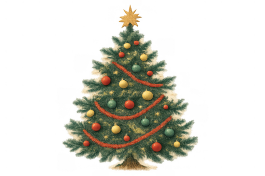 Classic christmas tree artwork, decorated with red and green baubles, yellow ornaments, red tinsel garland, star, transparent background