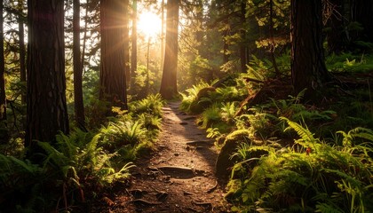 Sunlight streams through a forest path