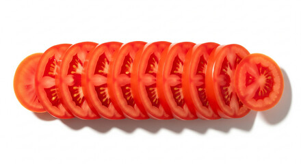 Overlapping red tomato slices isolated on white background. Fresh juicy vegetable row perfect for healthy food, salad ingredients, and cooking concepts.