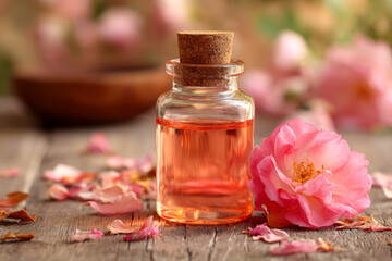 Elegant glass bottle of floral essential oil with pink flower and scattered petals on rustic wooden surface