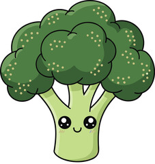 Cute kawaii broccoli cartoon, smiling vegetable character illustration, healthy food kids design, adorable green veggie art, fun nutrition graphic