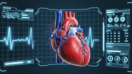 Realistic human heart organ display with holographic medical data interface - Powered by Adobe