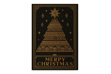 Art deco christmas greeting card with golden tree and stars on black, vintage holiday design with transparent background