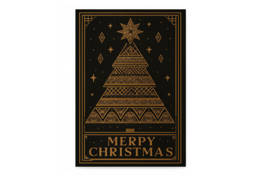 Art deco christmas greeting card with golden tree and stars on black, vintage holiday design with transparent background