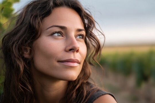 Woman looking away, contemplating future outdoors with serene expression