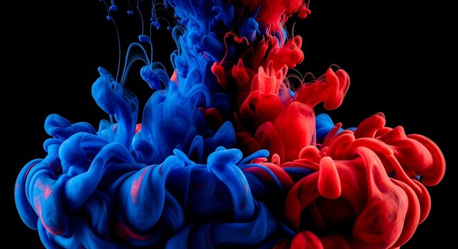 Vibrant red and blue ink clouds swirling in darkness