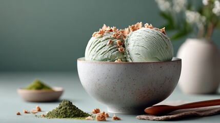 Scoop of matcha ice cream in ceramic bowl, surrounded by matcha powder and waffle crumbs, soft studio lighting and green background, minimal Japanese dessert concept.