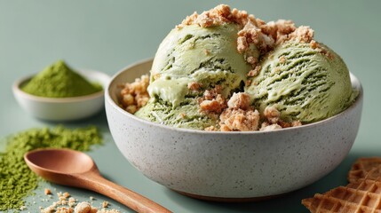 Scoop of matcha ice cream in ceramic bowl, surrounded by matcha powder and waffle crumbs, soft studio lighting and green background, minimal Japanese dessert concept.