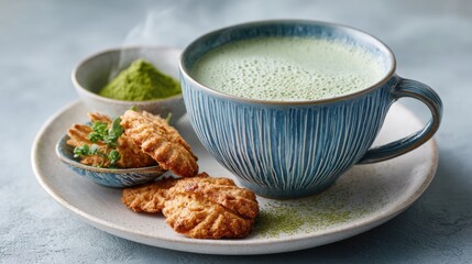 Cup of matcha latte with small dessert plate of matcha madeleine and cookies, warm studio lighting, rising steam, elegant minimal Japanese dessert scene with copy space.
