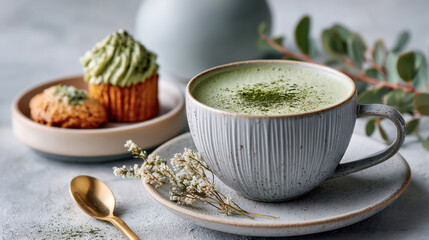 Cup of matcha latte with small dessert plate of matcha madeleine and cookies, warm studio lighting, rising steam, elegant minimal Japanese dessert scene with copy space.