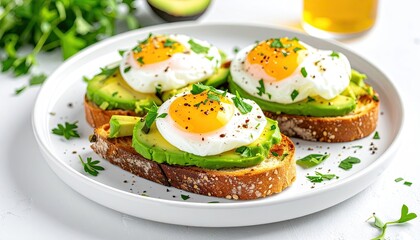 Three slices of toasted whole wheat bread topped with mashed avocado and poached eggs sprinkled with black pepper and parsley served on a white plate with a blurred green herb background