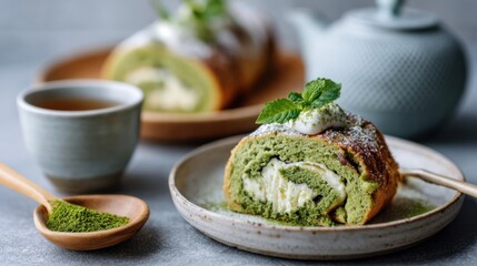 Slice of matcha roll cake with cream and red bean filling, matcha powder and bamboo whisk beside, elegant minimal Japanese dessert scene with soft green tones and copy space.