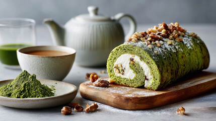 Slice of matcha roll cake with cream and red bean filling, matcha powder and bamboo whisk beside, elegant minimal Japanese dessert scene with soft green tones and copy space.