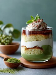 Glass cup of matcha tiramisu layered with cream and sponge, matcha whisk and cocoa sieve beside, elegant minimal Japanese dessert scene with green gradient background and copy space.