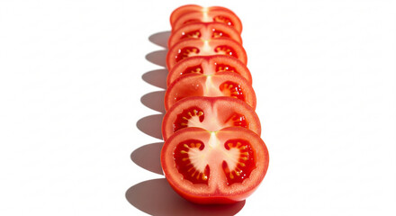 Row of fresh red tomato slices isolated on white background with hard shadows. Juicy vegetable ingredient perfect for salad, cooking, and healthy diet concepts.