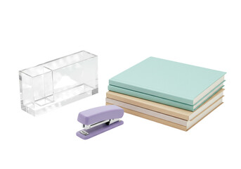 Isolated office supplies for desk organization and productivity on a neutral surface