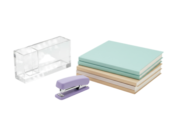Isolated office supplies for desk organization and productivity on a neutral surface