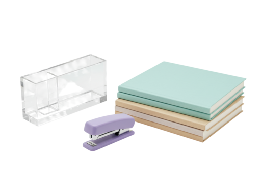 Isolated office supplies for desk organization and productivity on a neutral surface