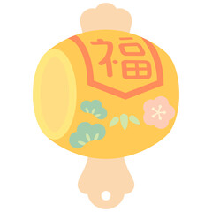 Golden Lucky Mallet Icon – Cute Soft Color Japanese New Year Vector Illustration with Kanji ‘Fuku’ and Pine Bamboo Plum Design