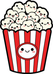 Cute kawaii popcorn bucket illustration with smiling faces, adorable snack cartoon, cinema food icon for kids, movie night and entertainment themes