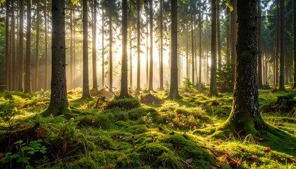 Obraz premium Sunlight streams through a misty forest (5)