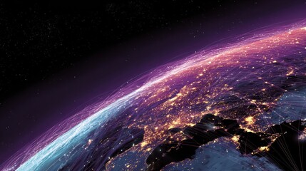 Vibrant Night View of Earth From Space Showcasing Bright City Lights and Colorful Data Connections
