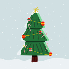 Decorated Christmas Tree with ornaments, candy canes, and garland in a snowy winter scene