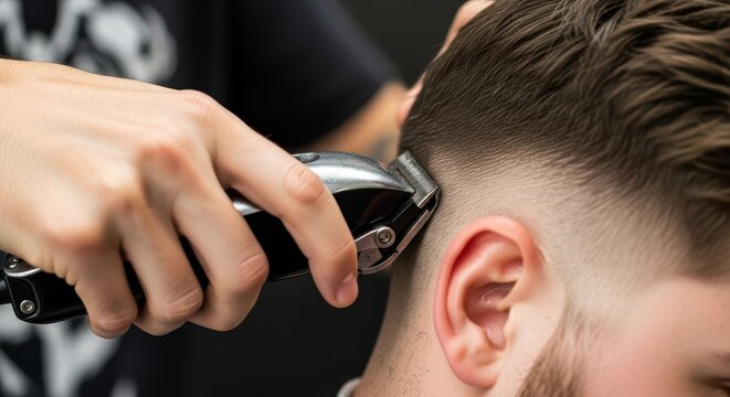 Male haircut closeup: barber performing fade on young caucasian male