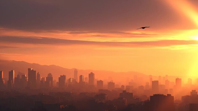 The image showcases a city skyline at sunset, where tall skyscrapers reflect the warm orange hues of the setting sun. A bird flies across the skyline, adding life to the serene cit