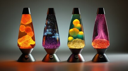 A vibrant array of lava lamps, each casting a mesmerizing glow with its unique color and swirling patterns, creating a retro and captivating ambiance