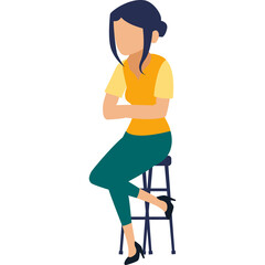 Cartoon woman with dark hair wearing orange and yellow shirt teal pants and black shoes sitting on a stool with crossed arms on a white background