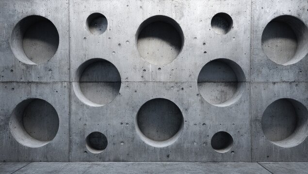 Gray Concrete Wall with Circular Holes. - Powered by Adobe