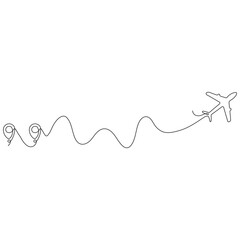 Continuous single line sketch drawing of airplane flying from maps pin pointer location.