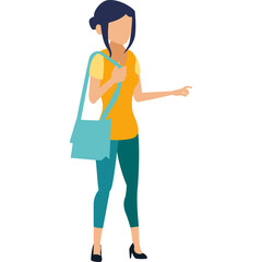 Cartoon young woman with dark hair wearing yellow shirt teal pants and black heels holding blue crossbody bag standing against a transparent white background