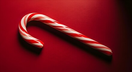 Red and white striped candy cane on festive background Christmas treat