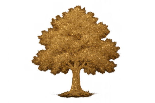 Golden glitter tree illustration representing nature, growth, wealth, success, and environmental sustainability with transparent background