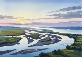 Artistic watercolor painting depicting a winding river estuary with vibrant green banks under a soft dawn sky.