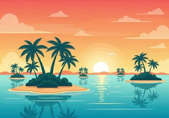 Vibrant tropical sunset scene with calm ocean, silhouetted palm tree islands, and a glowing sun horizon reflected