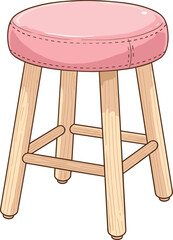 Cute wooden stool illustration, pink cushioned chair design, cartoon furniture clipart, kids room decor stool, home interior seating art