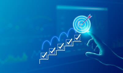 Businessman planning goals with digital checklist and target strategy, success achievement steps, corporate project management, performance tracking, strategic growth objectives, Futuristic interface