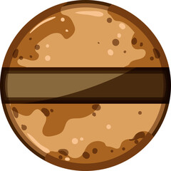 Cartoonish brown circular object with a dark horizontal stripe in the middle and speckled texture inside on a transparent background