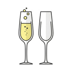 Two champagne flutes, one full of bubbly champagne and the other empty, isolated on a white background.