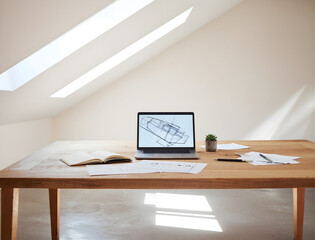 Laptop and notebook on wooden desk in bright room