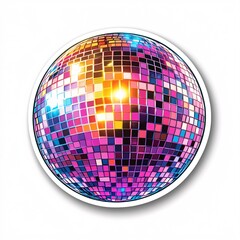 Sticker design of a pop surreal UFO disco ball bouncing lights off soda clouds on white background, no person, no tattooed skin