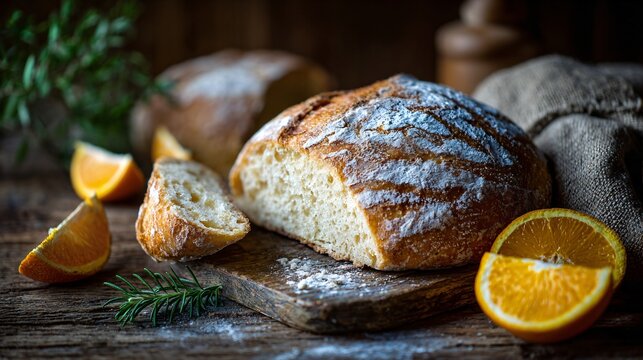 A freshly baked loaf beside halved oranges, rustic farmhouse setting