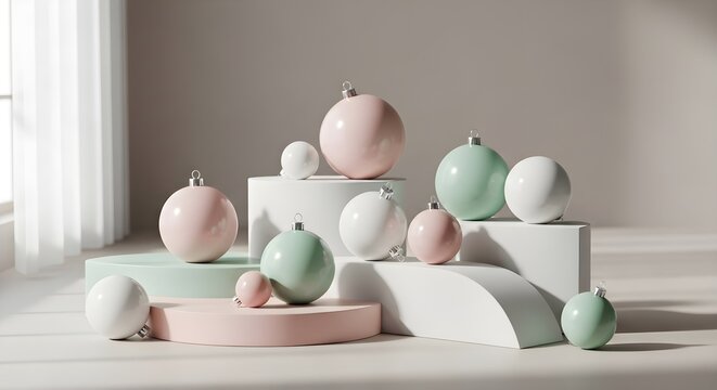 A collection of pastel colored decorative ceramic vases arranged on geometric pedestals in a studio setting - Powered by Adobe