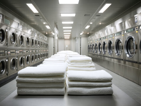 Industrial laundry facility with neatly folded towels and commercial washing machines - Powered by Adobe