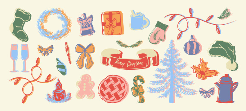 Merry Christmas elements hand drawn in colorful art. Minimalistic design art. Includes tree, pie, bow, gingerbread, candle, glasses, treats. Vector.