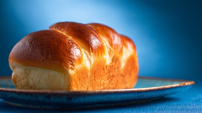 A loaf on blue ceramic plate, modern tone contrast